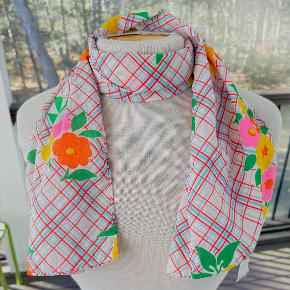 Vintage Rectangular Neck Scarf Bright Floral Grid Plaid Pink Yellow Orange